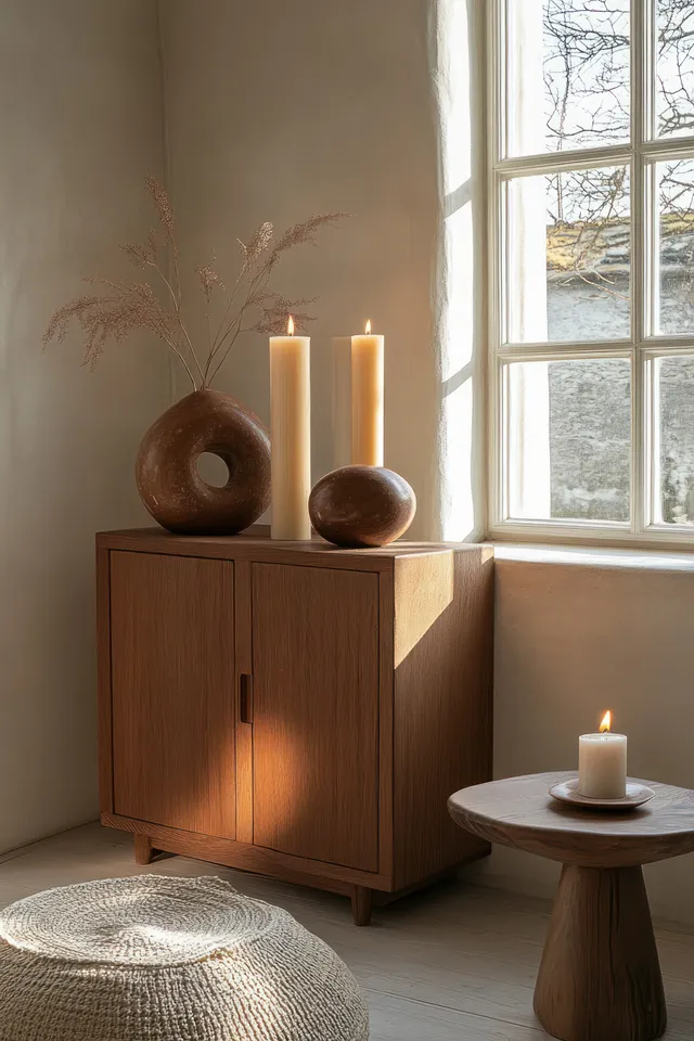 Tall candles and a decorative sculpture sit on a wooden cabinet beside a bright window in a cozy Scandinavian living room.