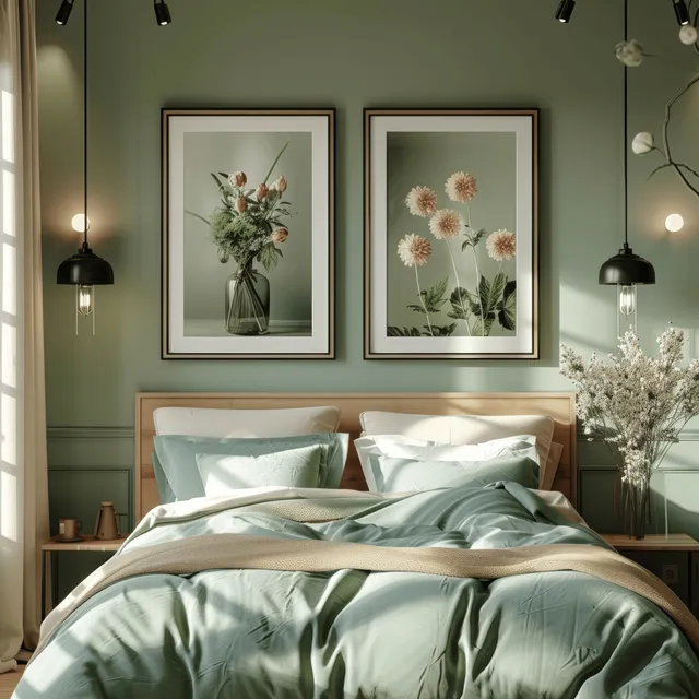 Mint-walled modern bedroom with a beige bed, two flower poster frames, and black bedside lamps beside a vase of flowers.